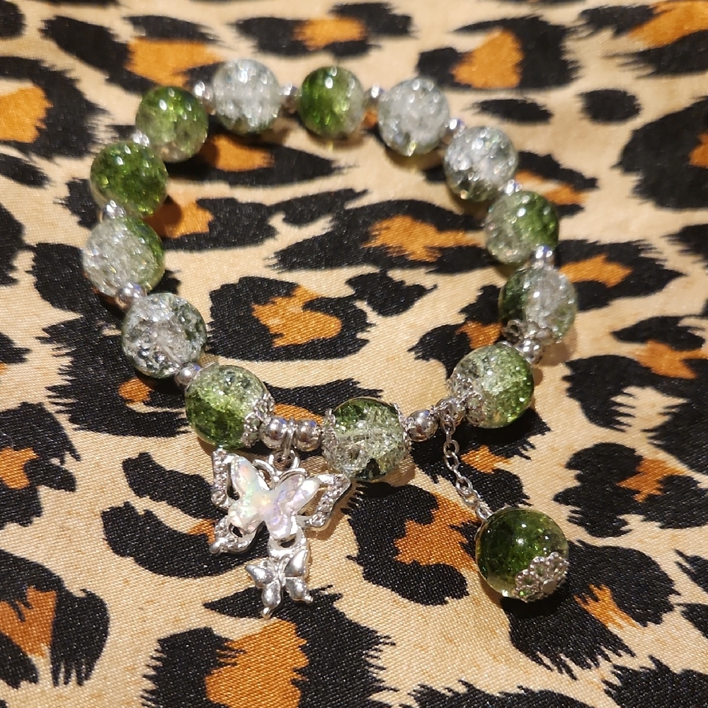 Chic Butterfly Charm Bracelet in Green and Silver Handmade